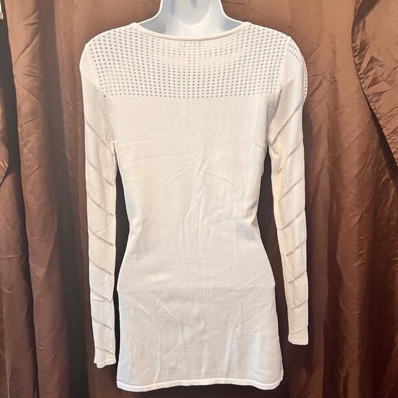 Cache Women's White Sheer Open Weave Deep V Neck Long Sleeve Fitted Sweater-XSM - Picture 12 of 16